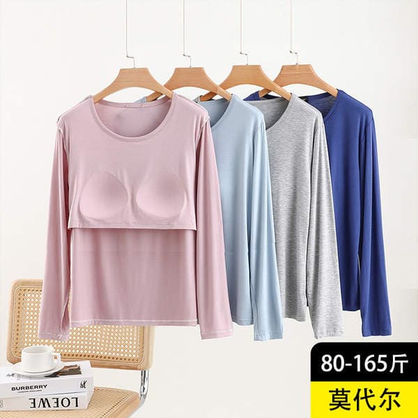 Modal Round-Neck Long-Sleeve T-Shirt for Women, Spring Season, Built-In Bra Style, Casual Plus-Size Base Shirt