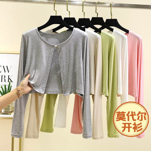 Modal Thin Short Jacket for Women, Long-Sleeved Thin Cardigan Top, Large Size Slimming Look with Suspenders and Buttoned Shawl