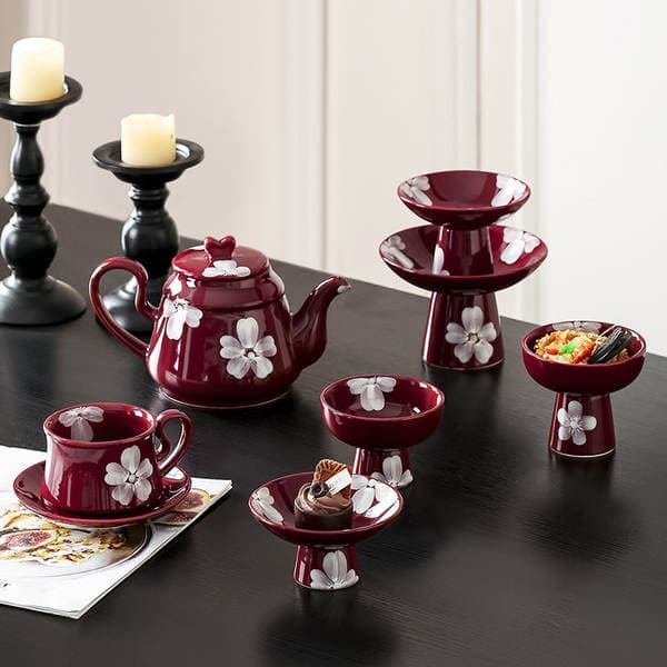 Retro Style Household Coffee Cup and Saucer Tall Dessert Ice Cream Bowl Ceramic High-Value Afternoon Tea Set Tray Pot Combination