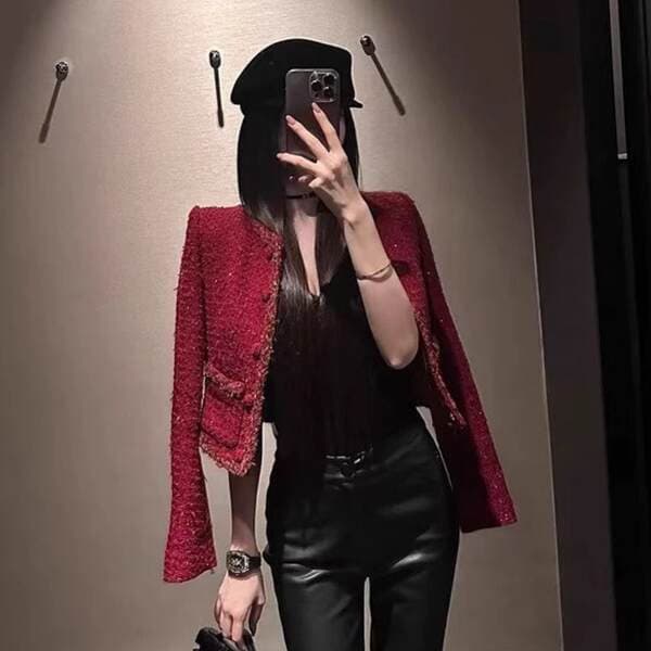 2026 New Style Chanel-Inspired Red Shiny Tweed Short Jacket, High-Waisted Woolen Elegant Blazer