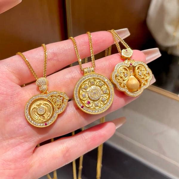 Real Gold 24K Electroplated Strong Color Retention Ruyi Five Blessings Brushed Diamond Inlaid Rotating Wealth and Fortune Pendant