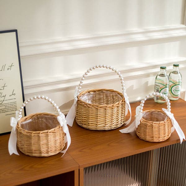 Temu's New Pearl Handle Wicker Flower Basket for Wedding Flower Girls, Cross-Border Gift Flower Basket