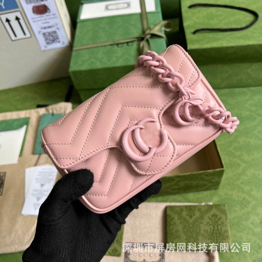 Gucci Marmont tam dəri bel çantası, makaron rəngli, zəncirli, qadınlar üçün