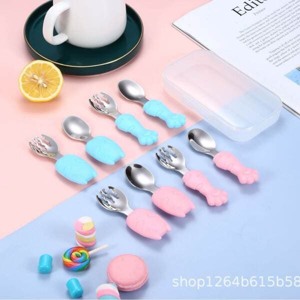 304 Stainless Steel Spoon and Fork Kidsren's Silicone Handle Spoon Mother and Baby Supplies Training Spoon Baby Feeding Water Spoon Factory Direct Sale