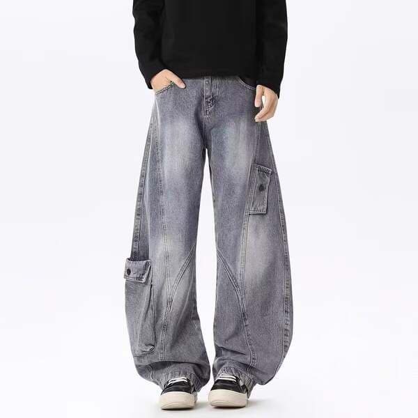 American-Style Deconstructed Washed Jeans for Men, Vibe Trendy Brand, Vintage Distressed Dirty Dye, Retro Casual Floor-Length Wide-Leg Pants