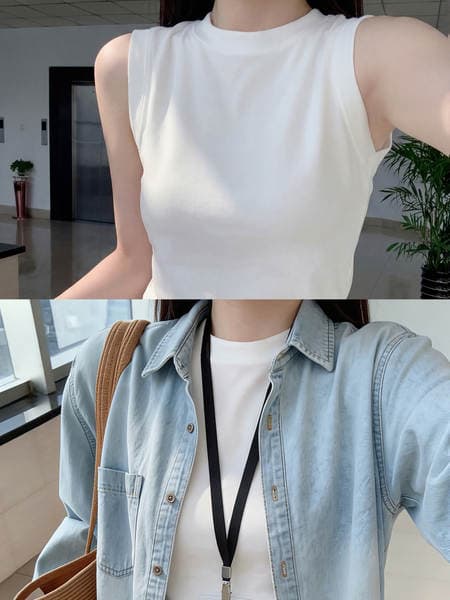 Qadın ağ racerback mayka, qolsuz, sadə, yaz/yay/payız üçün