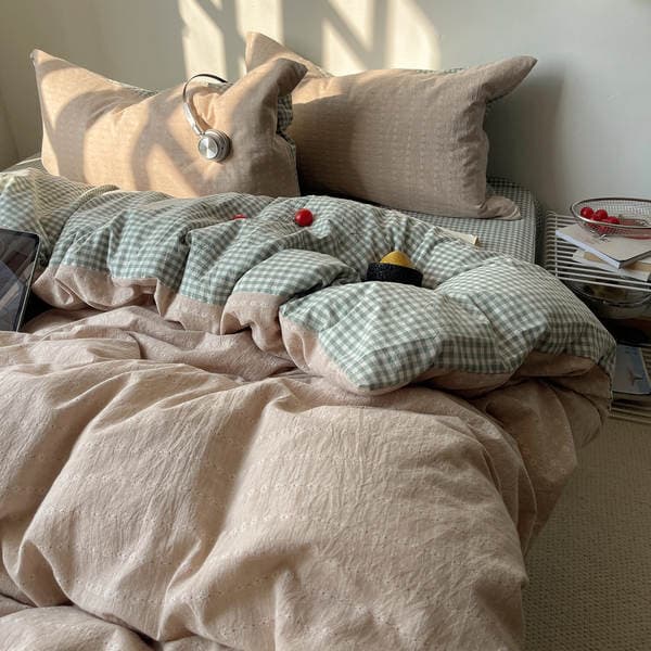 Ins Simple Pure Cotton Washed Cotton Plaid Four-Piece Set, All-Cotton Skin-Friendly Bed Sheet and Duvet Cover, Three-Piece Bedding Set