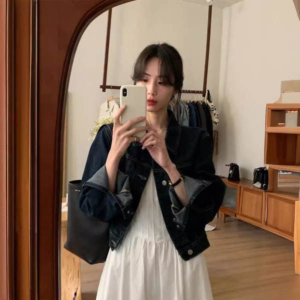 French retro high-grade loose casual all-match long sleeve lapel short American jacket Denim coat top for women