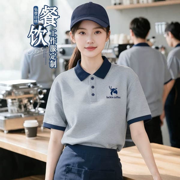 Luckin Catering Work Uniforms Short-Sleeved Custom Logo Printed Milk Tea Shop Service Staff Uniforms Summer Polo Shirt Workwear