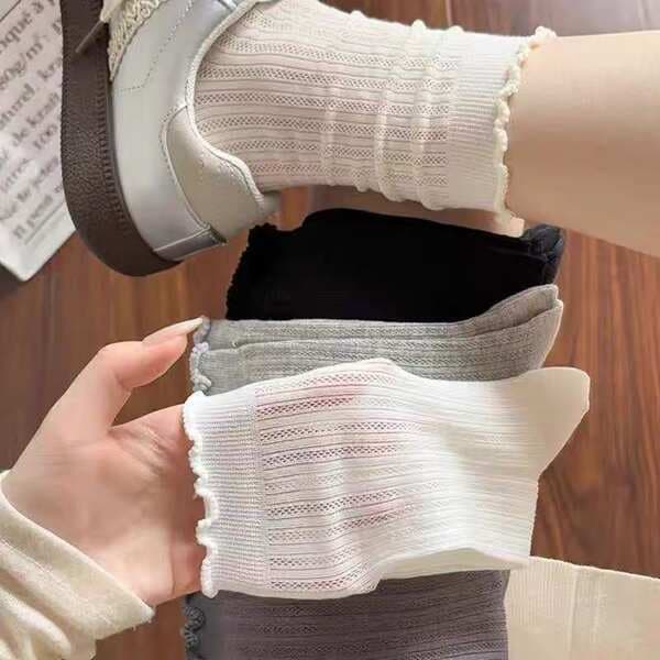 Qadınlar üçün Yay Nazik Orta Baldır Corabları, Bərk Rəng, Ağ, Nəfəs Alan, Qoxu Əleyhinə, Krujeva