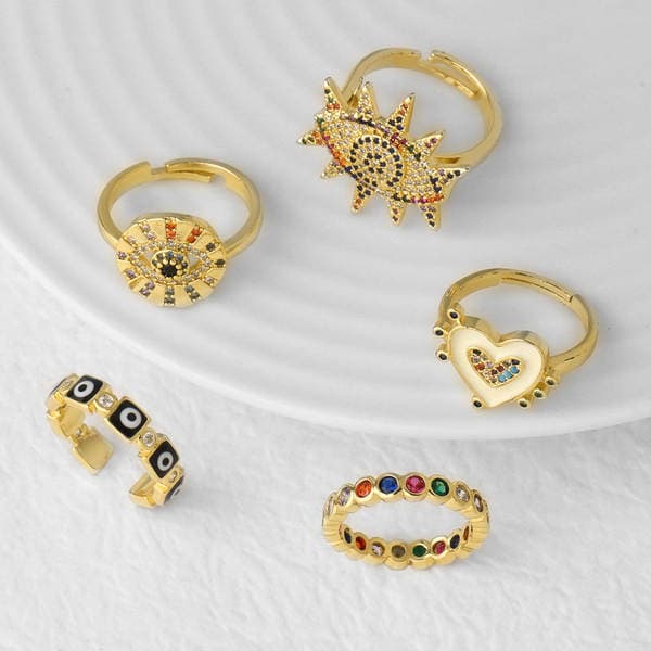 As Jewelry Avropa və Amerika Ürək Formalı Şeytan Gözü Rəngli Emallı Tənzimlənən Üzük, Mis Qızıl suyuna çəkilmiş Rik15