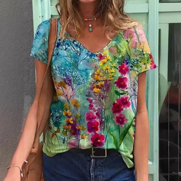 Qadınlar üçün yaylıq nazik qısaqol printli top, Amerika casual stilində
