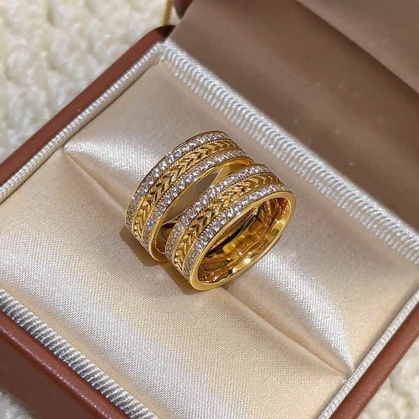 24K Qızıl suyuna çəkilmiş, Rəngini Saxlayan Vintage Geniş Buğda Qulağı İkiqat Sıra Brilyant Üzük, Saray Tərzi Zərif Üzük