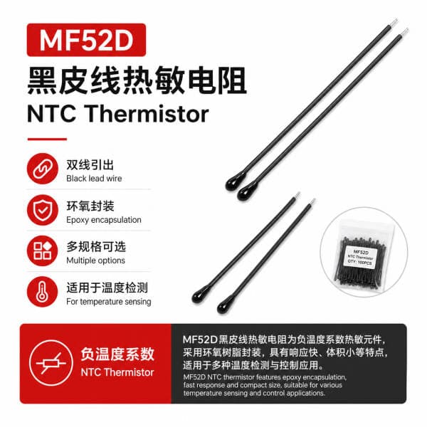 Shiheng Electronics Mf52D Black Wire Ntc Thermistor Epoxy Encapsulated Low-Frequency Small Black Head Temperature Sensor