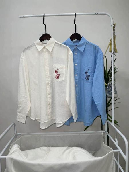 High-Quality R/L Linen Shirt with Pony Embroidery, Pocket Style, Long-Sleeve, Women's Loose Fit, Breathable Sun Protection Shirt