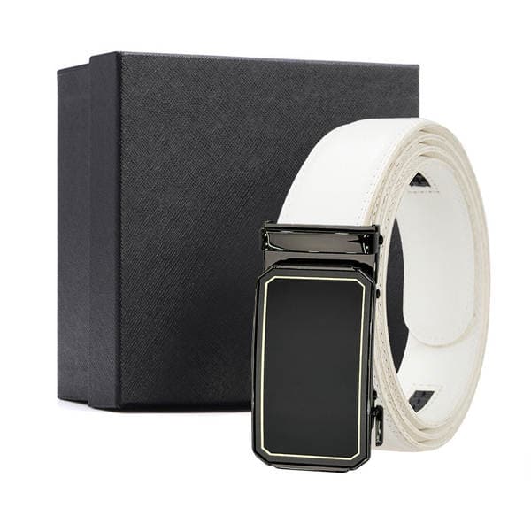 In-Stock Automatic Buckle Belt, White Genuine Leather, Second-Layer Cowhide Belt, 35mm Wide, Men's Belt, Custom Logo Available, In-Stock