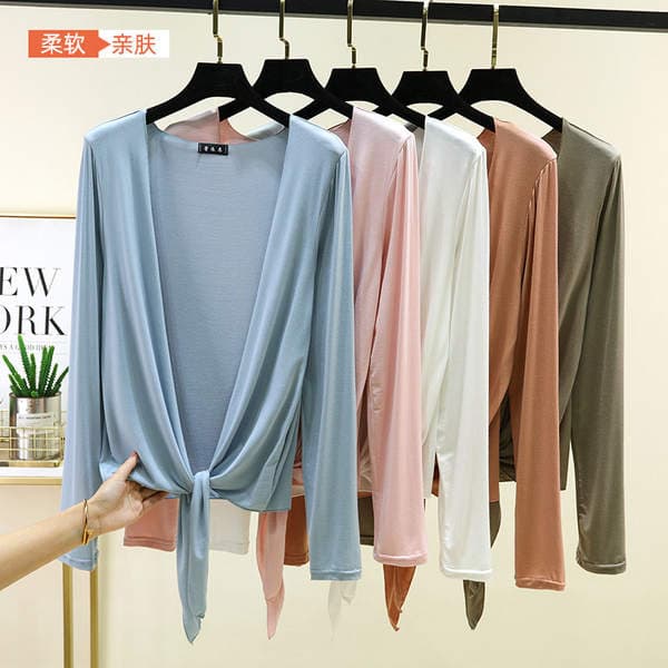 Long-Sleeved Modal Sun Protection Jacket for Women in Summer with Suspender Short Jacket, Large Size Knitted Blouse, Air-Conditioning Shawl Top