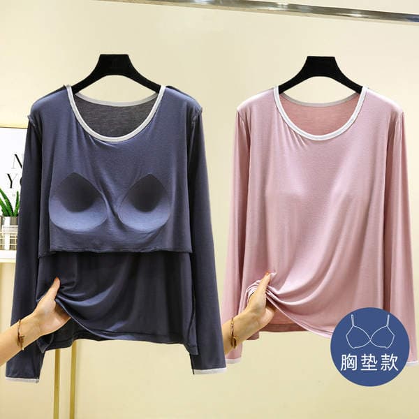 Modal Long-Sleeved T-Shirt with Chest Pads for Women, Spring and Summer Thin Large Size Base Shirt, Versatile Home Top for Outer Wear