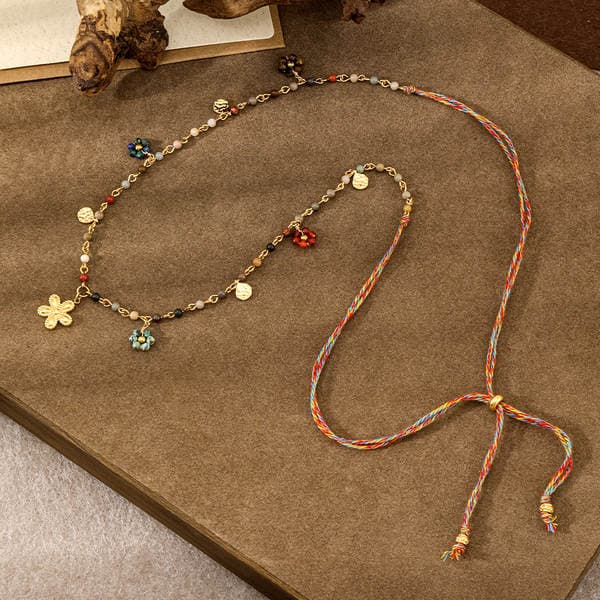 Bohemian Style Natural Stone Long Necklace with Colorful Handmade Cord, High-End Adjustable Sweater Chain