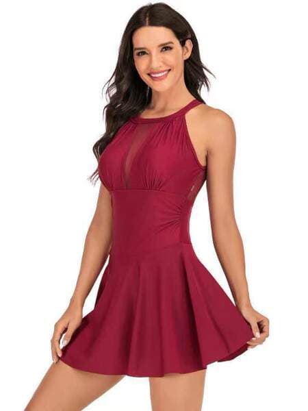 European and American New Style One-Piece Swimsuit for Women, Sexy Lace Mesh, Solid Color, Tummy-Covering, Conservative One-Piece Skirt-Style Plus-Size Swimsuit for Women