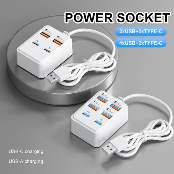 Çoxfunksiyalı USB Rozetka, 2 USB + 2 Type-C Sürətli Şarj Portu