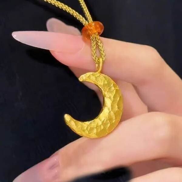No. 8960 Pure Silver 999 New Chinese Style Gold-Plated Hammered Moon Pendant Necklace, Exquisite and Elegant National Trend Necklace