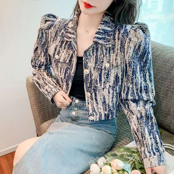 2026 Spring New Fashion Tie-Dye Irregular Chanel-Style Harajuku Workwear Denim Jacket Women's Top