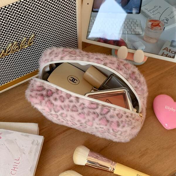 Leopard printli çəhrayı plush kosmetik çanta, portativ, dayanıqlı dizayn, payız-qış üçün böyük tutumlu