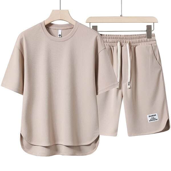 Summer Youth High-End Casual Sports Suit for Men, Fashionable Shorts with Curved Hem, Short-Sleeved T-Shirt Two-Piece Set for Men