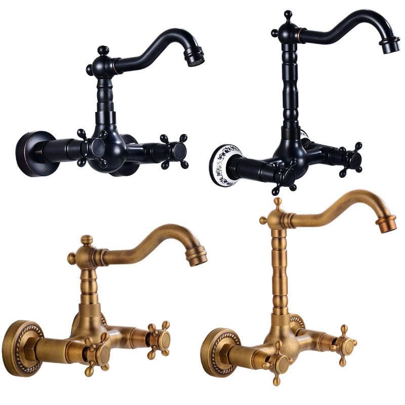 European-style all-copper home decoration antique simple wall kitchen faucet rotatable kitchen dish basin hot and cold faucet