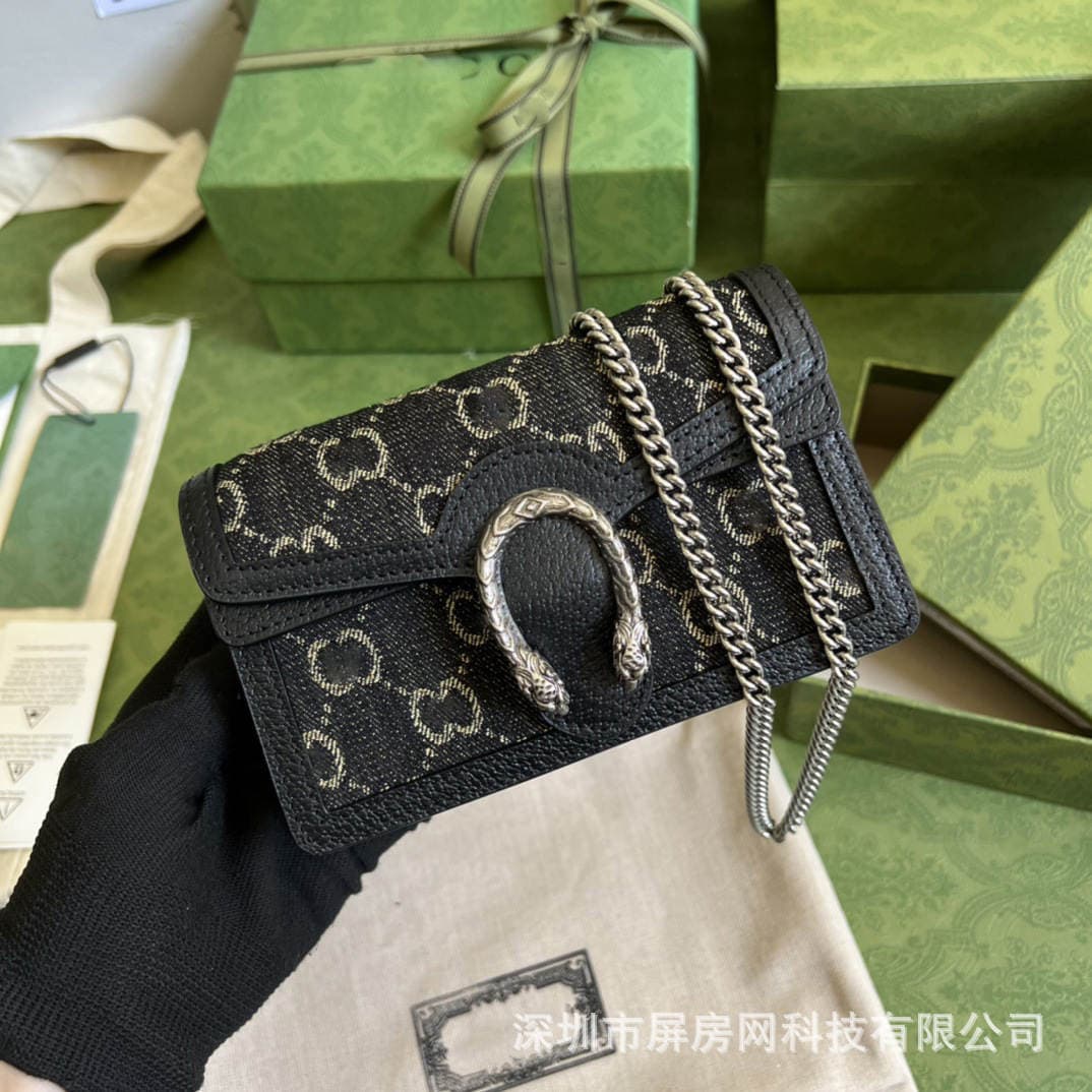 Gucci Denim Dionysus qara mini kvadrat qadın çiyin/çapraz zəncirli çantası