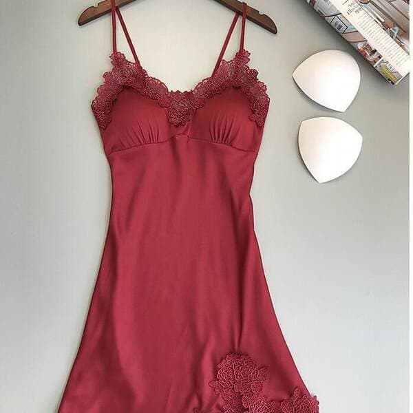 Sexy Nightgown for Women in Summer, with Chest Pads, Deep V-Neck Home Sleepwear, Sexy Lace Trim, Thin Ice Silk Nightgown