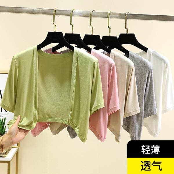 Short-Sleeved Modal Cardigan Top for Women, Summer Versatile Air-Conditioned Shirt, Short Jacket, Large Size Slimming Look Knitted Light Blouse