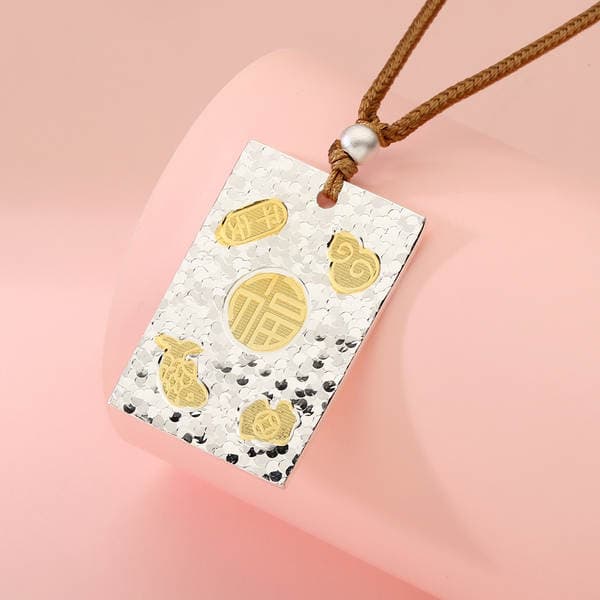 No. 8943 Pure Silver 999.9 Ice Fragment Color-Separated Gold Auspicious Message Square Pendant Necklace New Chinese Style National Trend Necklace