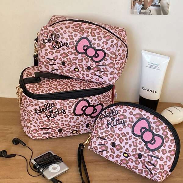 "Kt Cat" (Hello Kitty) kiçik leopard printli, portativ səyahət kosmetik və gigiyena çantası