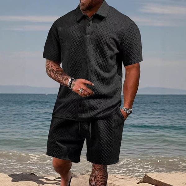 European and American New Style Short-Sleeved Men's T-Shirt Jacquard Fabric Lapel Polo Shirt Two-Piece Set Cross-Border Casual Sports Suit Men's Clothing