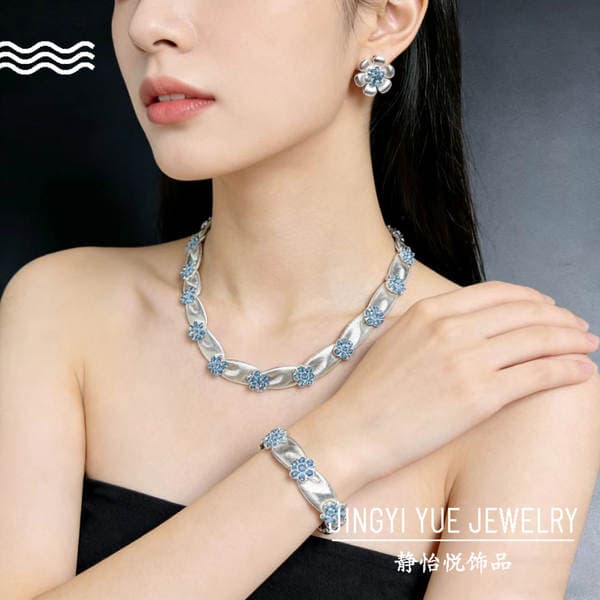 French-Style Light Luxury Blue Diamond Flower Stud Earrings, Bracelet, and Necklace Set, Vintage Retro Silk Ribbon Brushed Bracelet