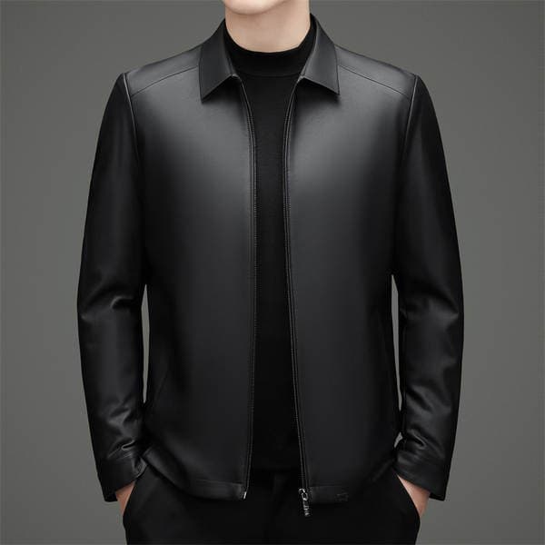Haining Leather Jacket for Men, Autumn and Winter Warm down Coat with Turn-Down Collar, Middle-Aged Dad's Business Casual Men's Jacket