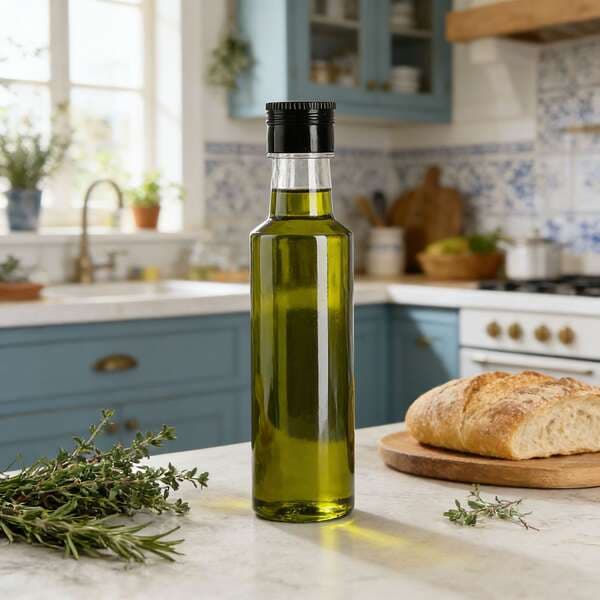 250 ml dəyirmi şəffaf plastik şüşə (zeytun, kameliya, qoz yağı, sirkə, soya sousu üçün)